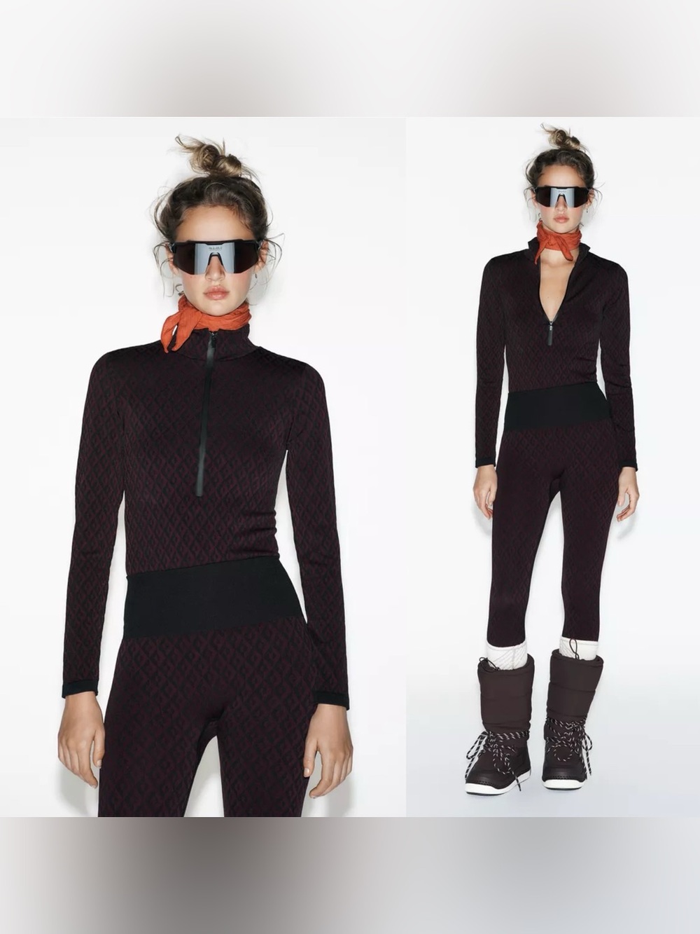 Zara JACQUARD SEAMLESS SKI COLLECTION BODYSUIT Ski Jumpsuit with Zip Neck NWT S